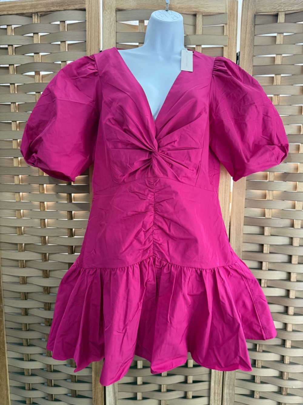 Rebecca Taylor Taffata Fuchsia Puff-Sleeve Twist-Front Ruched Mini Party Dress